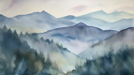 Fototapeta premium Watercolor mountain scenery with soft pastel shades