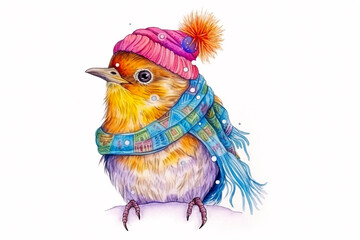 Cute bird in colorful scarf and winter hat, AI generative drawing on white background