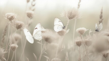 Minimalist white tone meadow with butterflies