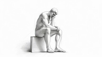Monochrome drawing of a classical sitting sculpture