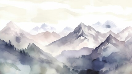 Fototapeta na wymiar Watercolor Illustration of a Snowcapped Peaks Landscape