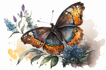 Generative AI. Watercolor butterfly on wild flowers, white background