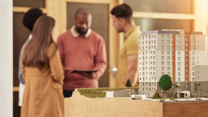 Architecture team, tablet and city model in office for construction planning, development and strategy. Business people, architect teamwork and 3d illustration of buildings, property and mockup space