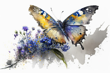Generative AI. Watercolor butterfly on wild flowers, white background