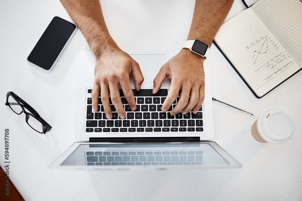 Aufkleber Laptop, notebook and hands of a man typing while working on a corporate project in the office. Technology, keyboard and top view closeup of a professional male doing research for report in workplace.