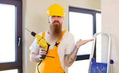 red hair man shrugging, feeling confused and uncertain repairing home. handyman concept