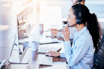 Call center, computer and consulting with woman in office for customer service, technical support...