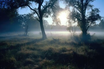 Fototapeta na wymiar Misty morning in the forest. Generative AI.