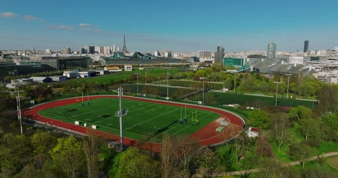 Aerial view a modern sports football stadium in Paris prepared for the Summer Olympic Games in the French capital in 2024. Sports facility in Paris