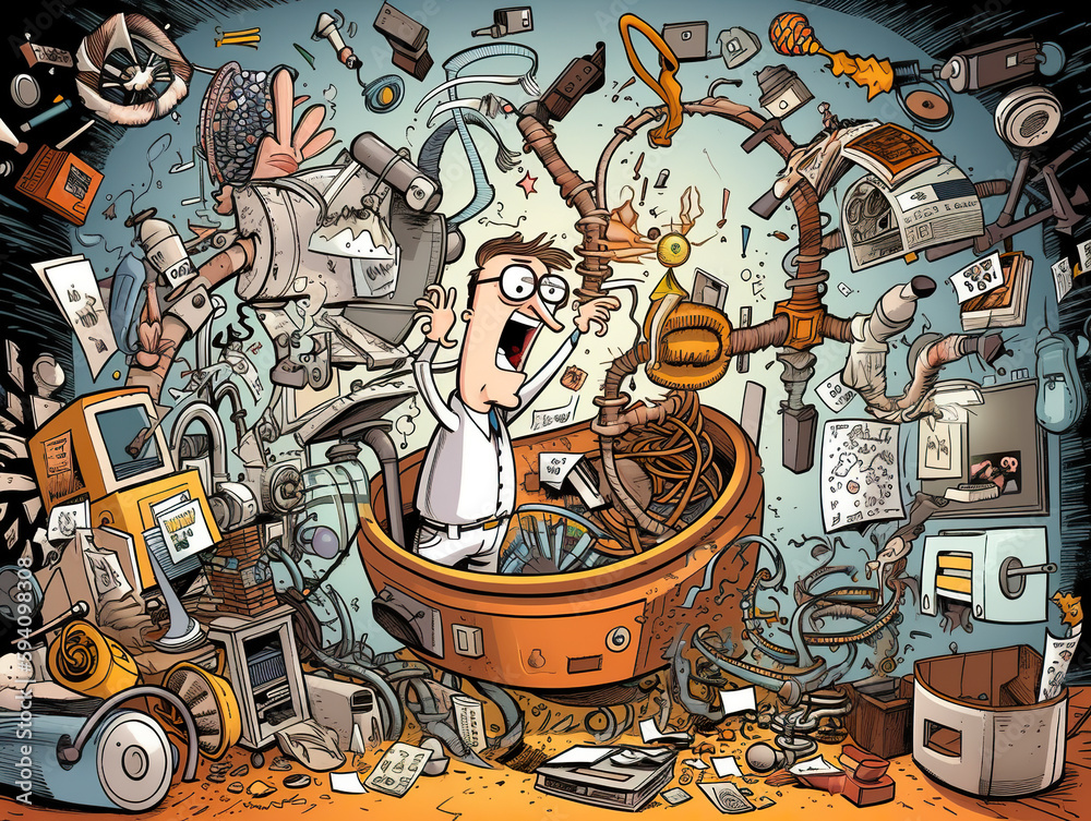 Poster a cartoon of a panic man in a room full of junk. ai generative image