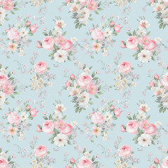 Pink roses on blue background seamless pattern Generative AI