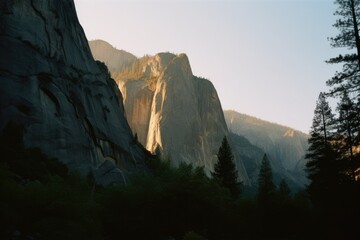 Yosemite, sunrise in the mountains. Generative AI.