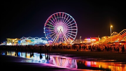 Nightlife at the beach with neon lights and fire