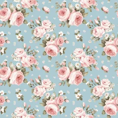 Zelfklevend Fotobehang Pink roses on blue background seamless pattern Generative AI © Lana_M