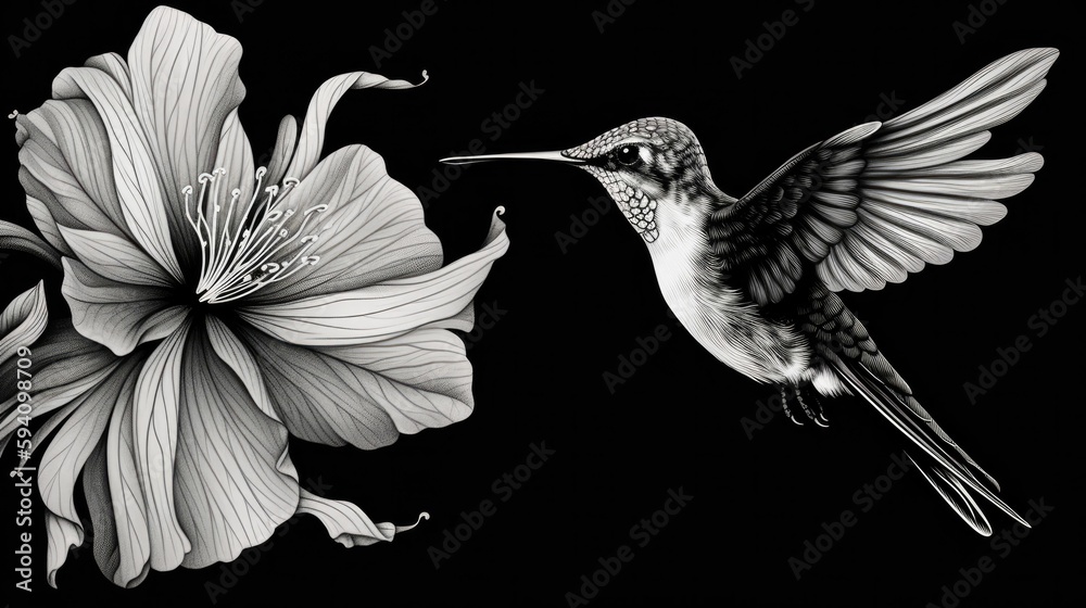 Wall mural Monochrome flower design with vibrant hummingbird contrast