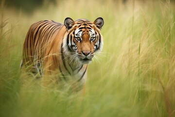 Fototapeta na wymiar Bengal tiger walking in tall grass. Close up, focus on foreground. Generative AI