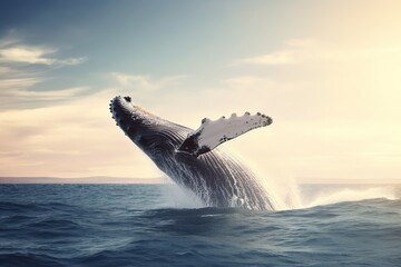 Fototapeta premium Humpback whale jumping in the ocean. Generative AI