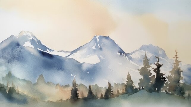 Watercolor painting of a peaceful mountain range with soft colors