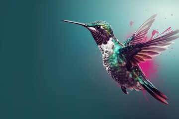 Hummingbird banner illustration over blue background with copy space. Generative AI