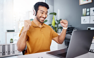 Naklejka na ściany i meble Business man, laptop and headphones to celebrate success while listening to music, audio or video call. Asian male entrepreneur at desk with a smile and hands for achievement, notification or goals