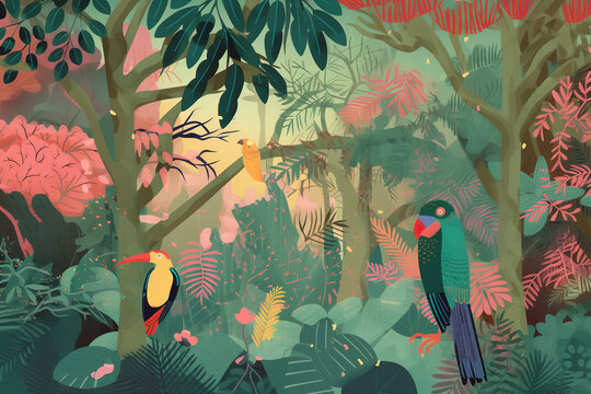 A painting of two birds in a tropical forest. AI generative image
