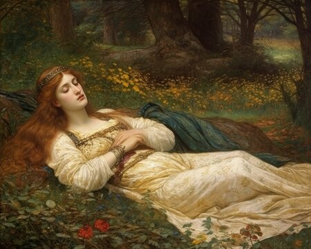 Pre-Raphaelite romantic painting with mythological scenes and portraits