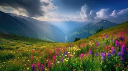 Fototapeta na wymiar Beautiful scenic flower fields at the mountains