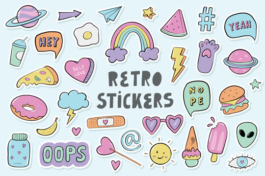 set of cute retro stickers, hand drawn crtoon elements, doodles with white edge. Good for planners, scrapbooking, prints, sublimation, stationary, etc. EPS 10