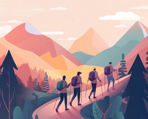 Illustration of people hiking in the mountains