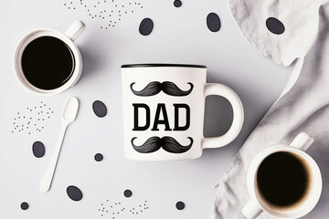 Black mustache cup of coffee, top view light background. Holiday card template, invitation. Illustration generated by AI