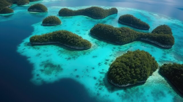 Aerial view of an exotic island with blue lagoons