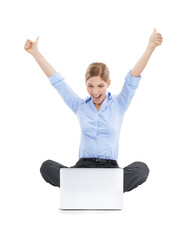 Thumbs up, celebration and business woman with laptop for email and good news. Winner, computer and...