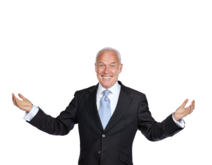 Senior business man, arms raised and smile in portrait for success isolated on transparent, png background. Happy in career with goals, professional satisfaction and male corporate executive