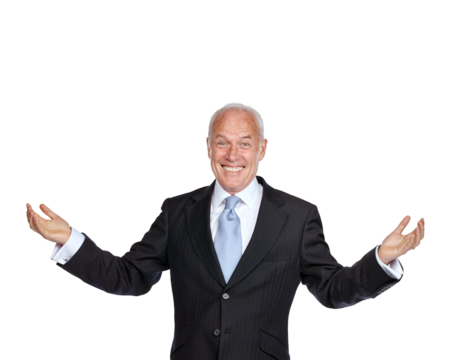 Senior business man, arms raised and smile in portrait for success isolated on transparent, png background. Happy in career with goals, professional satisfaction and male corporate executive