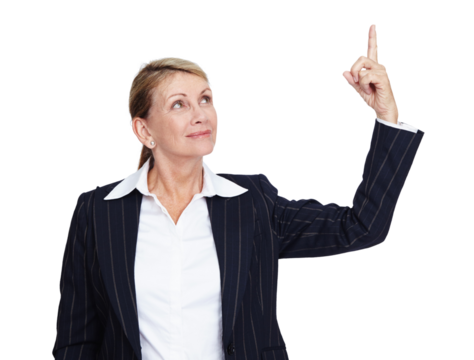 Looking, pointing and senior business woman with gesture for work, advertising or marketing. Promotion, corporate branding and an elderly worker gesturing isolated on transparent png background