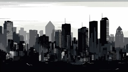 Detailed monochromatic cityscape silhouette - obrazy, fototapety, plakaty