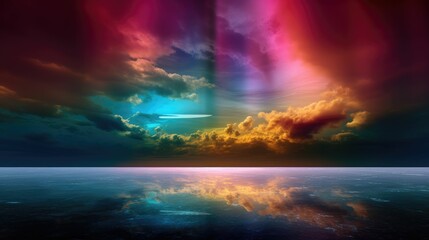 Surreal sunset over the horizon with vibrant colors and radiant light
