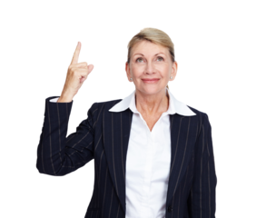Business woman, happy and pointing up while isolated on transparent png background. Mature female manager advertising promotion, news review or presentation of deal, choice or sales offer coming soon