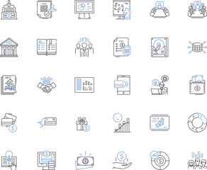 Thrift bank line icons collection. Savings, Loans, Deposit, Interest, Checking, Security, Investment vector and linear illustration. Consumer,Finance,Budget outline signs set