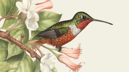 Realistic hummingbird and botanical illustrations