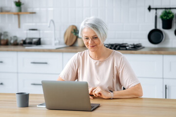 Positive modern stylish gorgeous caucasian mature gray haired woman, sits at home in the kitchen, uses laptop for remote work, online shopping, read news, looks satisfied, smiles