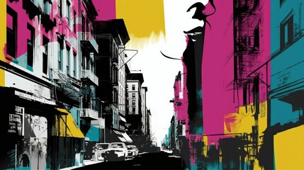 Graphic depiction of urban life with strong vibrant colors