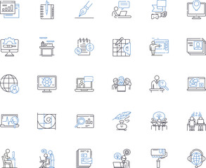 Corporate gathering line icons collection. Conference, Seminar, Meeting, Retreat, Workshop, Expo, Summit vector and linear illustration. Convention,Forum,Symposium outline signs set