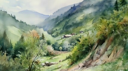 Watercolor painting of a majestic mountainous landscape