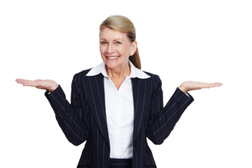 Portrait, shrugging and PNG with a business woman isolated on a transparent background to weigh her options. Happy, smile or whatever and a mature female employee standing to gesture with a shrug