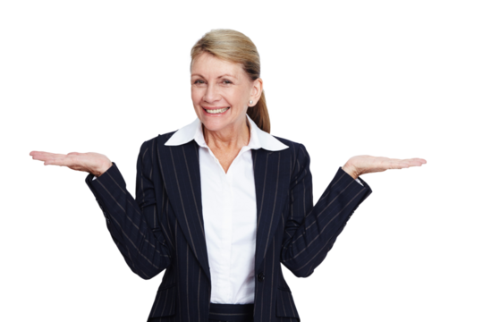 Portrait, shrugging and PNG with a business woman isolated on a transparent background to weigh her options. Happy, smile or whatever and a mature female employee standing to gesture with a shrug