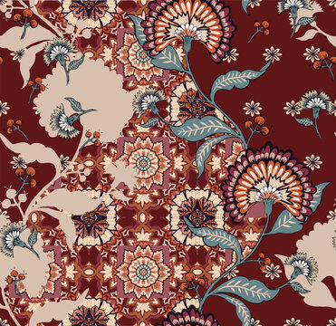 patchwork floral pattern with paisley and indian flower motifs. damask style pattern for textil and decoration