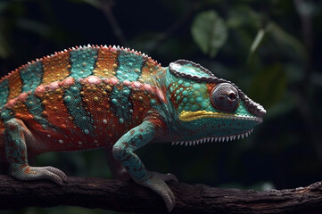 Multicolored exotic chameleon on the branch in the rainforest
