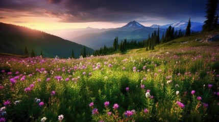 Scenic mountain wildflowers in a field