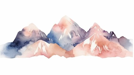 Watercolor painting of mountains with snow-covered peaks